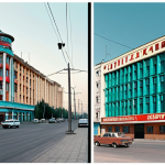 ** A split image: On one side, a faded photograph of a Soviet-era street scene in Kazakhstan with Cyrillic signs. On the other, a vibrant, modern cityscape in Almaty with Latin alphabet signage, showcasing a blend of traditional Kazakh architecture and contemporary buildings. The image should evoke a sense of transition and progress. Style: Realistic, slightly nostalgic on the Cyrillic side, optimistic and bright on the Latin side.

**