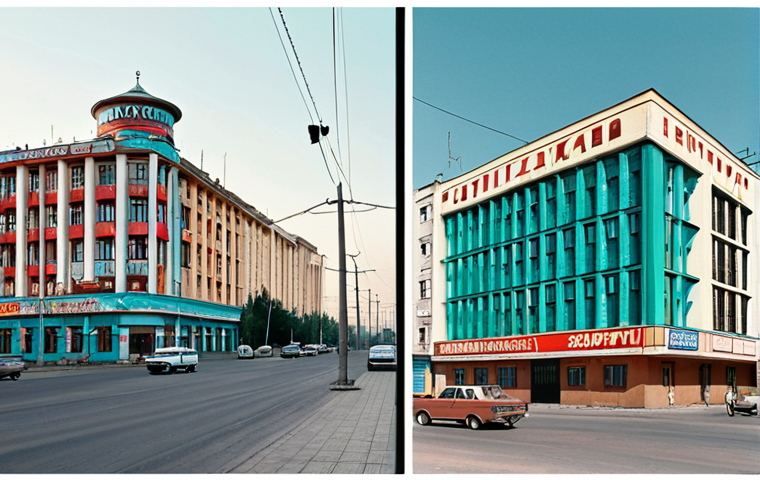 ** A split image: On one side, a faded photograph of a Soviet-era street scene in Kazakhstan with Cyrillic signs. On the other, a vibrant, modern cityscape in Almaty with Latin alphabet signage, showcasing a blend of traditional Kazakh architecture and contemporary buildings. The image should evoke a sense of transition and progress. Style: Realistic, slightly nostalgic on the Cyrillic side, optimistic and bright on the Latin side.

**